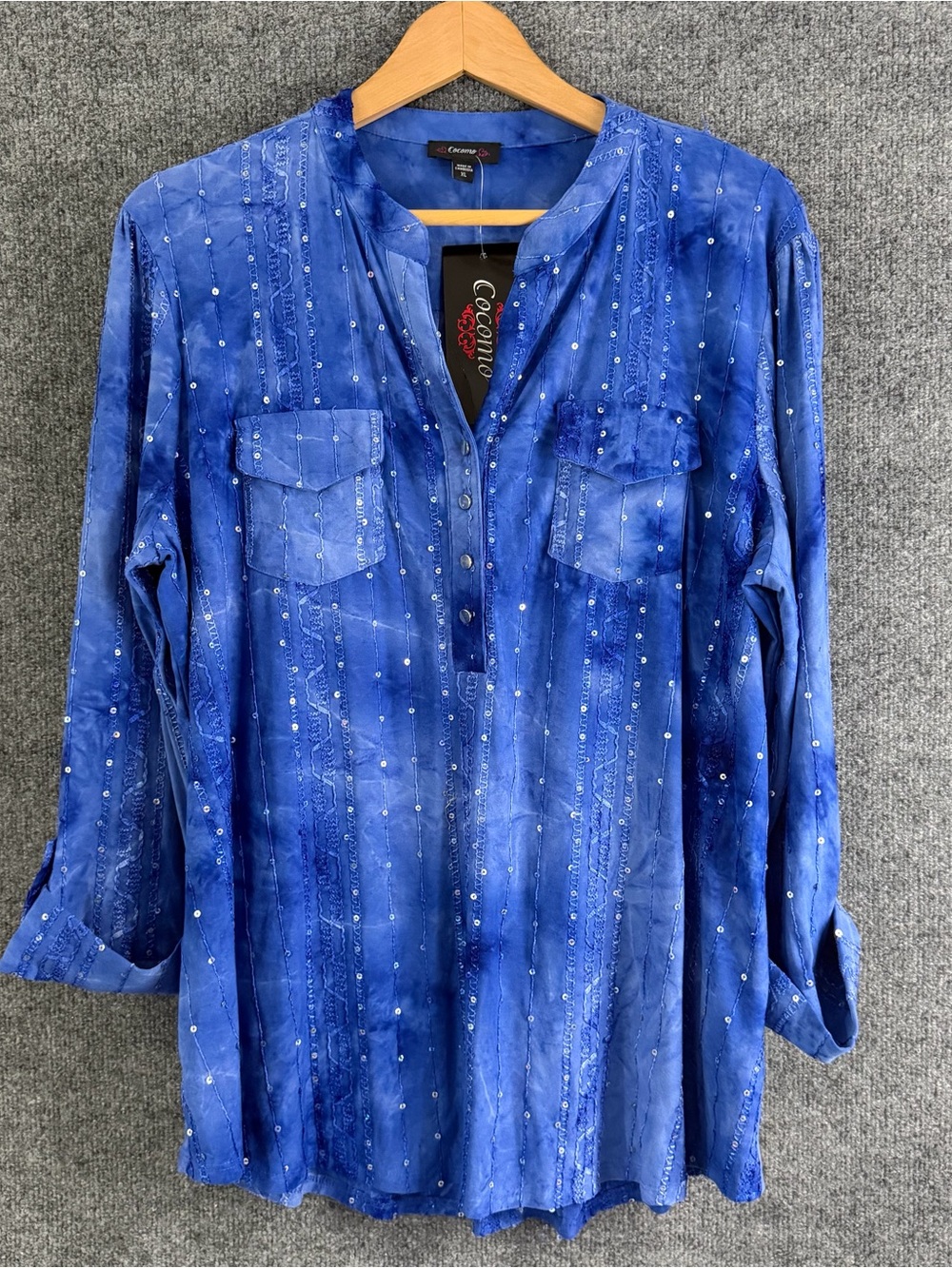 Cocomo Womens 3/4 Sleeve Tie Dye Sequin Top Blue V Neck Office Casual Stretch XL